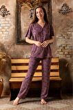 Sude Kadın Bambu Yakası Nakışlı V Yaka Kısa Kol İnce Pijama Takımı P/4398 - 1 Adet