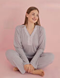 Pijamerry Kadın Büyük Beden Dantel Yaka Bambu Uzun Kol Pijama Takımı 5069 - 1 Adet
