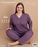 Pijamerry Kadın Büyük Beden Dantel Yaka Bambu Uzun Kol İnce Pijama Takımı 5546 - 1 Adet
