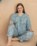 Pijamerry Kadın Büyük Beden Dantel Yaka Bambu Uzun Kol İnce Pijama Takımı 5672 - 1 Adet