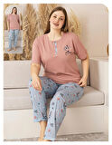 Sude Kadın Büyük Beden Düğme Yaka Penye Kısa Kol İnce Pijama Takımı P127 - 1 Adet