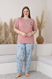Sude Kadın Büyük Beden Düğme Yaka Penye Kısa Kol İnce Pijama Takımı P127 - 1 Adet