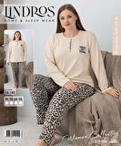 Lindros Kadın Pamuk'lu Düğme Yaka Raporlu İnterlok KIŞLIK Battal Pijama Takımı 05160 - 1 Adet 