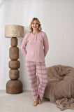 Lindros Kadın Pamuk'lu Düğme Yaka Raporlu İnterlok KIŞLIK Pijama Takımı 0108 - 1 Adet  