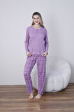 Lindros Kadın Pamuk'lu Düğme Yaka Raporlu İnterlok KIŞLIK Pijama Takımı 05031 - 1 Adet 