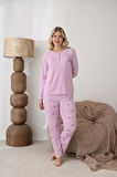 Lindros Kadın Pamuk'lu Düğme Yaka Raporlu İnterlok KIŞLIK Pijama Takımı 05163 - 1 Adet 
