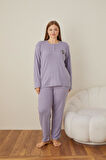 Lindros Kadın Pamuk'lu Düğme Yaka Raporlu İnterlok KIŞLIK Battal Pijama Takımı 05104 - 1 Adet 