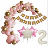 2 YAş Kraft-Gold Banner, 30 Adet Pembe, Gold, Beyaz Balon 2 Pembe 1 Bej Yıldızlı Doğum  Günü Seti