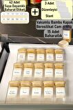 Baharatlık Borosilikat (CAM) Bambu Kapaklı 300 Cc 15 Adet Kavanoz Ve 3 Adet Düzenleyici Pleksi Stant