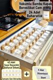 24 Adet Bambu Kapaklı 300ml Borosilikat (CAM) Baharatlık Kavanoz Ve 6 Adet Düzenleyici Pleksi Stant