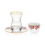 Mercan Kırmızı 18 Parça Çay + Mırra Set Hediye Kutulu