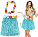 Leyloş Hawaii Luau Aloha Mavi Püsküllü 40 Cm Etek Ve Hawaii Kolye Seti