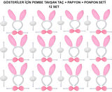 Leyloş Pembe Tavşan Kostüm Seti – Taç, Papyon, Ponpon (12’li Paket)