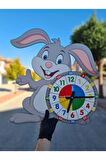 Sevimli Bunny Tavşan Montessori Çocuk Odası Eğitici Ahşap Duvar Saati - Sessiz Mekanizma, Şık