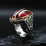 Gümüş Çizgili Kırmızı Gümüş Yüzük