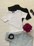 Wearflawless Kadın 2 Li Adet Fitilli Pamuklu Bisiklet Yaka Örme Kaşkorse Crop T-shirt