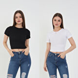 Wearflawless Kadın 2 Li Adet Fitilli Pamuklu Bisiklet Yaka Örme Kaşkorse Crop T-shirt