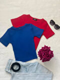 Wearflawless Kadın 2 Li Adet Fitilli Pamuklu Bisiklet Yaka Örme Kaşkorse Crop T-shirt