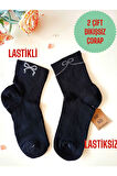 2 ÇİFT KURDELE TAŞLI  PAMUKLU BURUN DİKİŞSİZ LİKRALI KOKULU KISA KONÇ ÇORAP SİYAH KADIN ÇORABI 36-40