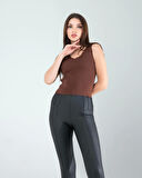 Acı Kahve Merdiven Yaka Kalın Askı Crop Bluz