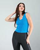 Mavi Merdiven Yaka Kalın Askı Crop Bluz