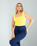 Sarı Kare Yaka Kalın Askı Triko Crop Bluz