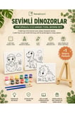 Sevimli Dinozorlar Mini Şövaleli 3'lü Boyanabilir Kanvas Tuval Seti 20x20 12 Renk Boya