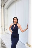 Sandy Kumaş Aksesuarlı Elbise — Lacivert