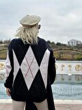 NuNu Minerva Lacivert Ekru Baklava Desen Kazak