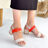 Year Bej Cilt Turuncu Detaylı Topuklu Ayakkabı