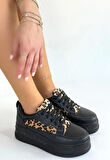 Lorrin Siyah Cilt Leopar Detaylı Bağcıklı Spor Ayakkabı