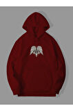 3 İplik Kılıç İskelet Baskılı Kırmızı Kanguru Cepli Kapüşonlu Sweatshirt Hoodie | S