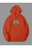3 İplik Kılıç İskelet Baskılı Kırmızı Kanguru Cepli Kapüşonlu Sweatshirt Hoodie | S