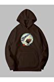 Üç İplik Anime Köpek Balığı Baskılı Unisex Kahverengi Kanguru Cepli Kapüşonlu Sweatshirt Hoodie | S