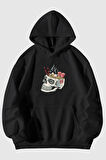 Kurukafa Ramen Baskılı Unisex Siyah Kanguru Cepli Kapüşonlu Sweatshirt Hoodie | S