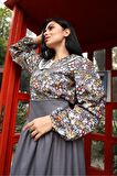 Vintage Siyah-Mavi Çiçekli Bebe Yaka Dantelli Poplin Bluz