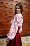 Vintage Pembe-Bordo Çiçekli Bebe Yaka Dantelli Poplin Bluz