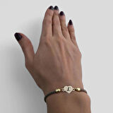 Minimal Kalp Figürlü ve Kahverengi Örgülü 14 Ayar Altın Plakalı L Harfli Bileklik