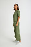 Barbora Keten Günlük Rahat Beli Lastikli Kadın İkili Takım Alt Üst LN10haki7