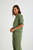 Barbora Keten Günlük Rahat Beli Lastikli Kadın İkili Takım Alt Üst LN10haki7
