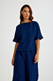 Barbora Keten Günlük Rahat Beli Lastikli Kadın İkili Takım Alt Üst LN10lacivert5
