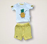 Ananas Nakışlı Kısa Kollu Sweatli Şortlu 2li Kız-erkek Bebek Takımı Sarı