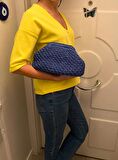 EL YAPIMI LACİVERT RENK HASIR GÖRÜNÜMLÜ KAĞIT İP CLUTCH ÇANTA