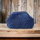 EL YAPIMI LACİVERT RENK HASIR GÖRÜNÜMLÜ KAĞIT İP CLUTCH ÇANTA