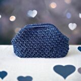 EL YAPIMI LACİVERT RENK HASIR GÖRÜNÜMLÜ KAĞIT İP CLUTCH ÇANTA
