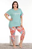 Mavi Renk ve Çiçek Desenli Lady 10685 Kadın Kısa Kol Kaprili Büyük Beden Pijama Takımı