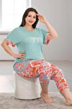Mavi Renk ve Çiçek Desenli Lady 10685 Kadın Kısa Kol Kaprili Büyük Beden Pijama Takımı