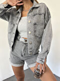 Kadın Düğmeli Çift Cepli Crop Denim Ceket 
