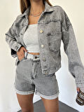 Kadın Düğmeli Çift Cepli Crop Denim Ceket 