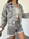 Kadın Düğmeli Çift Cepli Crop Denim Ceket 